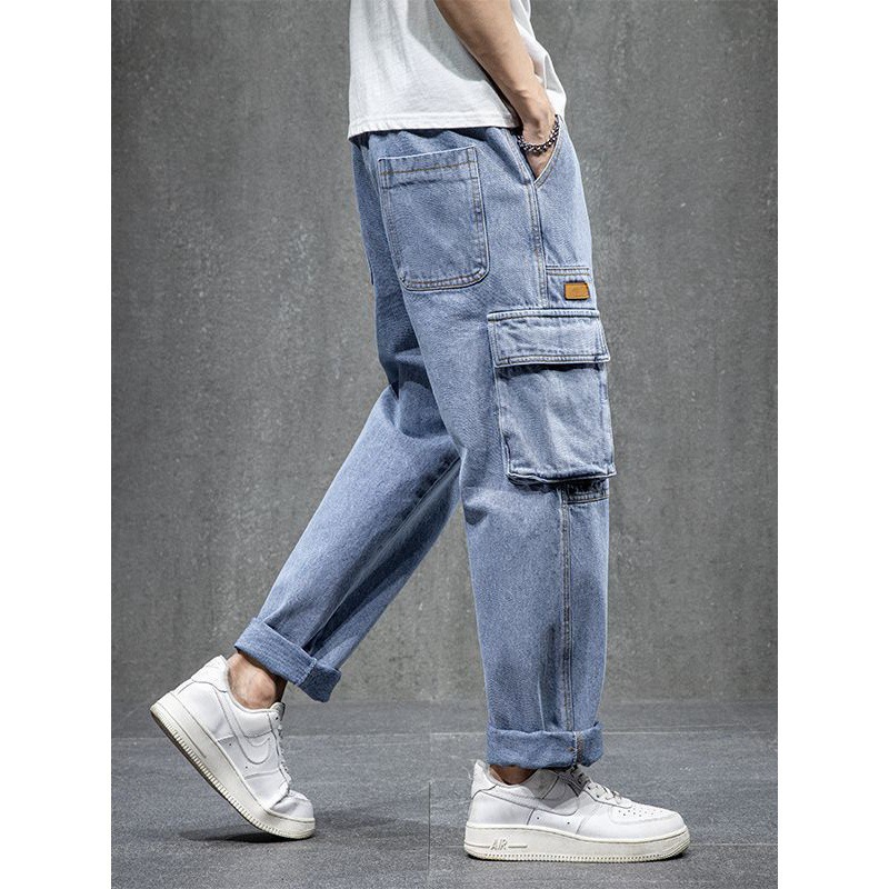 Vaqueros sueltos de tamaño grande, pantalones de trabajo de tendencia masculina versátiles, primavera de 2023 nueva moda recta, hombre gordo aumentado