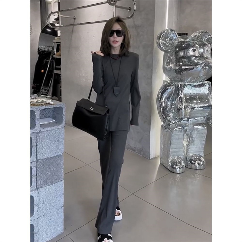 高级感欧货时尚套装女2025夏季新款开叉下摆套头上衣微喇裤两件套|undefined