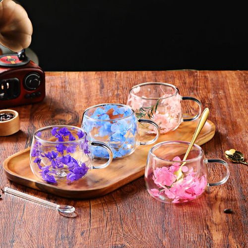 Real dried flower double-layer glass cup creative high borosilicate heat-resistant water cup net red milk coffee cup tea cup