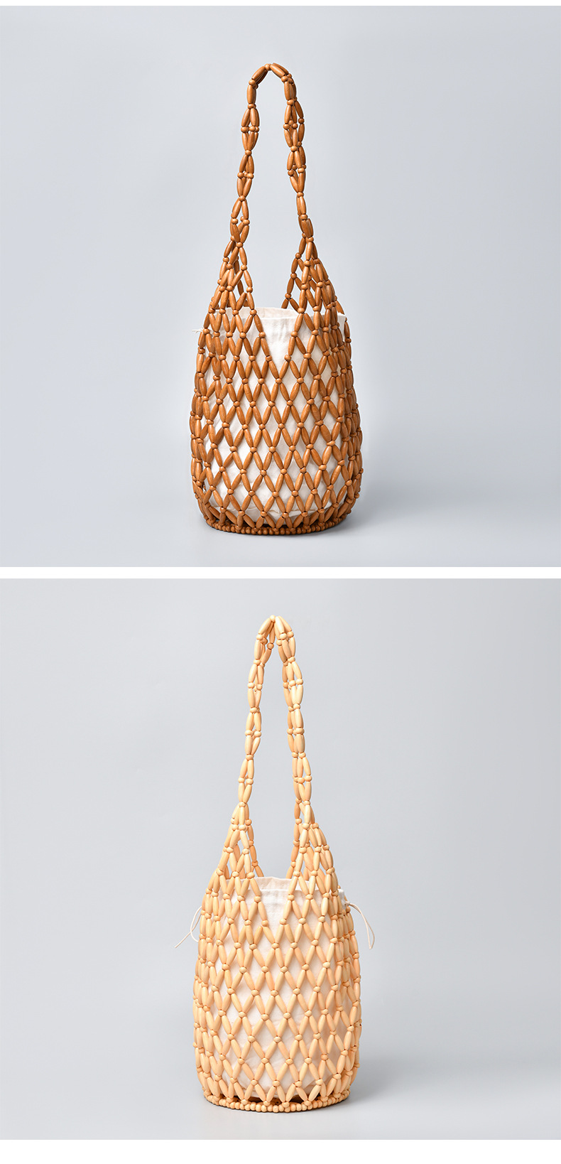 Women's Medium Wooden Beads Polyester Cotton Color Block Basic Vacation Open Straw Bag display picture 2