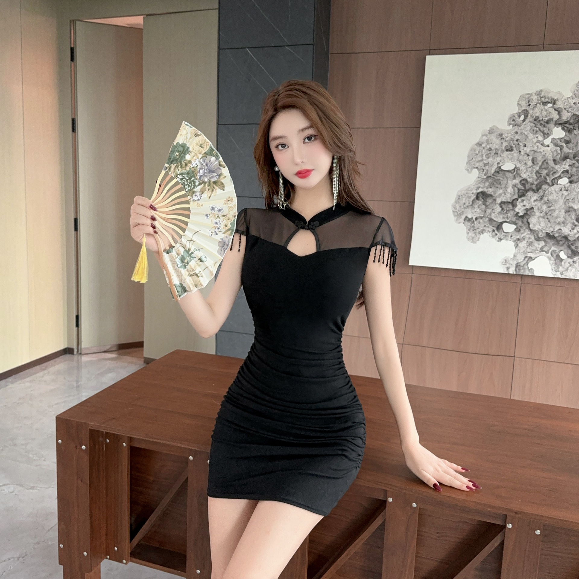 New Chinoiserie Improved Cheongsam Black Tassel Dress Women's Summer Niche Design Elegant Sexy Hip Skirt