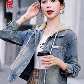 复古时尚牛仔外套女2025秋季新款小个子洋气大码连帽夹克短款上衣
