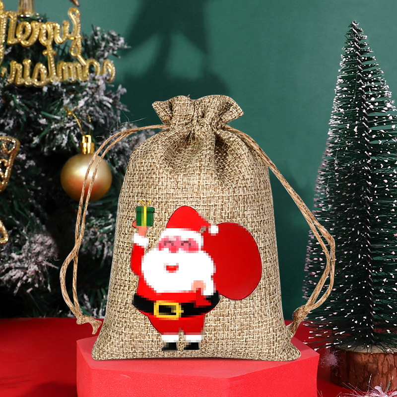 Transfronteriza nueva bolsa de lino de Navidad al por mayor bolsa de embalaje de caramelo con cordón decoraciones de Navidad bolsa de almacenamiento con cordón