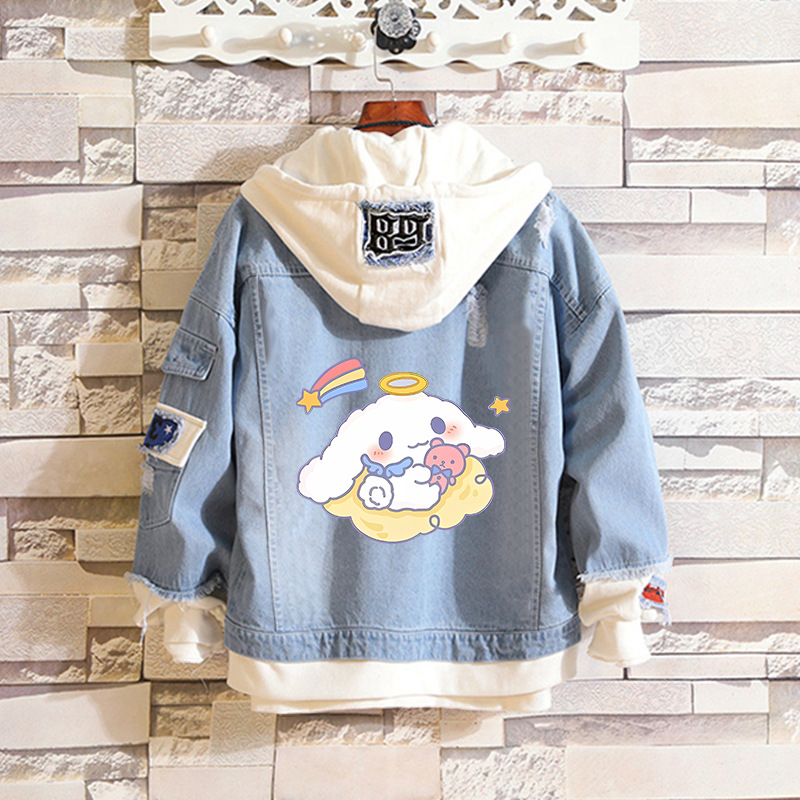 Japanese-style cute spring and autumn new style Cinnamon Dog Sanrio denim jacket, unisex couple outfit, trendy washed high street fashion.