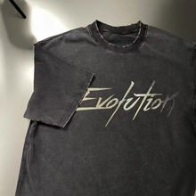 明星同款重磅磨破短袖t恤男反光印花潮牌oversize复古洗水做旧t恤