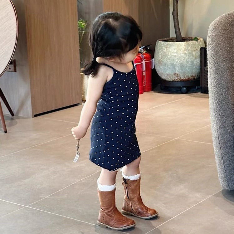 Girls' Fashionable Slim Mid-Length Dress Kidsren's Summer Baby Girl's Cute Sleeveless Full-Print Heart Suspender Skirt