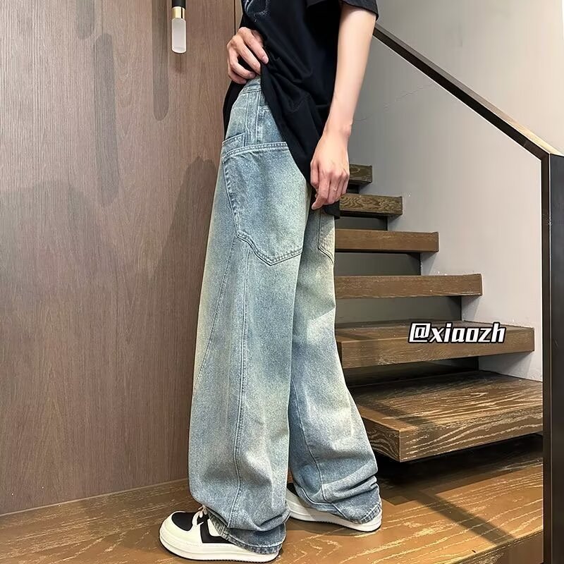 아메리칸 스타일 툴링 청바지 남성용 봄과 가을 트렌디 브랜드 빈티지 바느질 느슨한 직선 다리 넓은 다리 캐주얼 바지