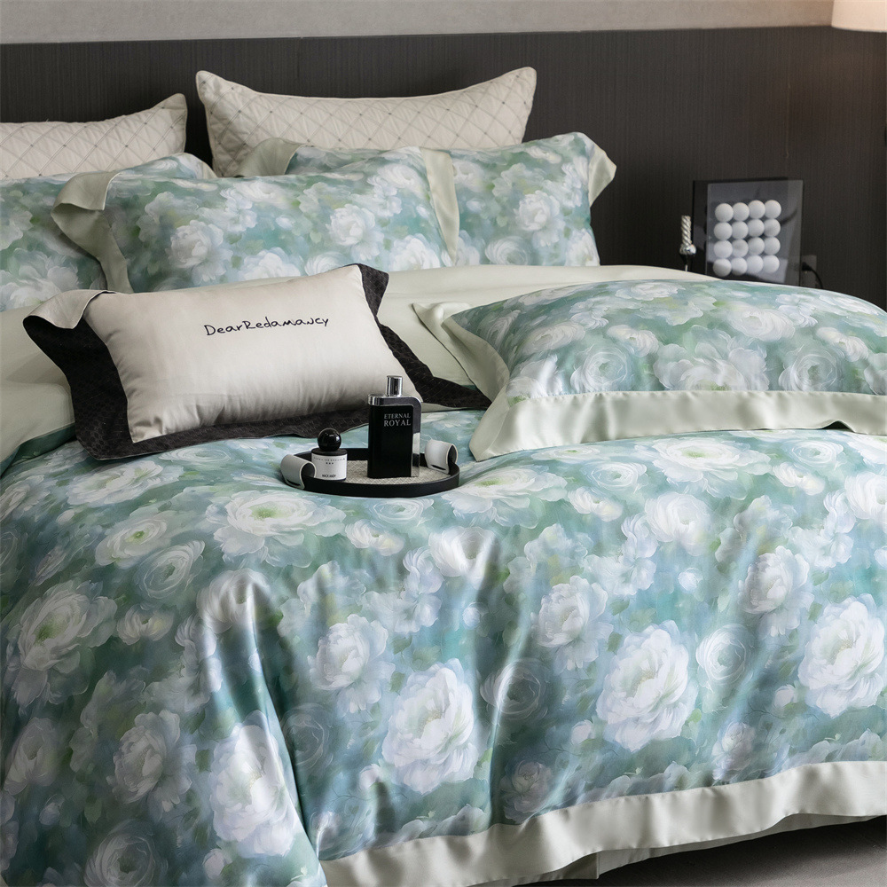 Summer Cool Ice Silk Quilt Cover Comfortable And Breathable! Golden Sun Jade Lyocell Printed Four-Piece Set High-End Cool-Touch Tencel Duvet Cove_voghion.com