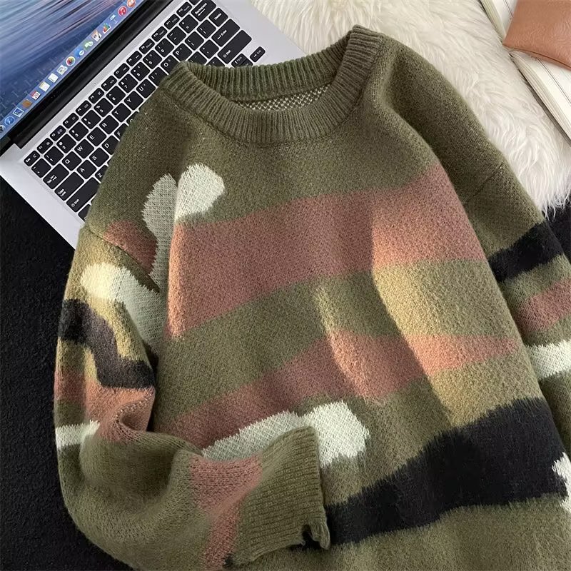 vintage autumn and winter National fashion camouflage green High Street contrast color knitted sweater men's loose lazy fashion brand top