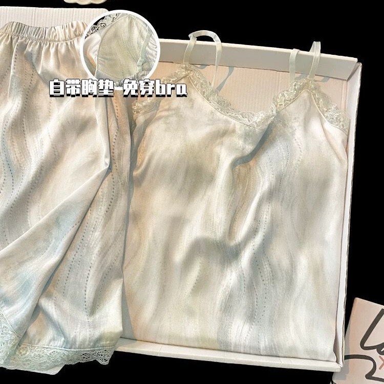 High-grade Sense Streamers Ice Silk Pajamas Women's Summer Sling Shorts Two-piece High-grade Sense Simulation Silk Home Clothes