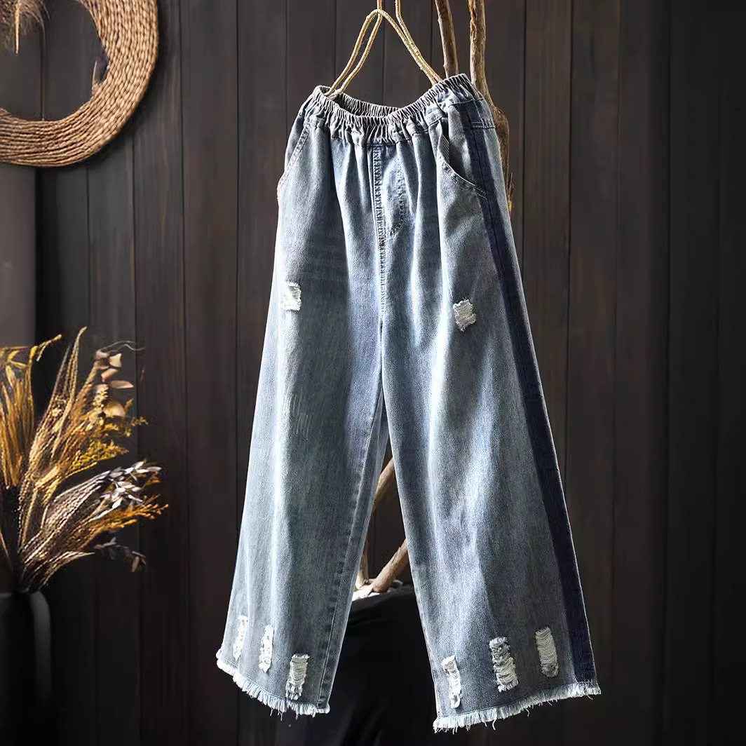 侧边撞色破洞毛边直筒牛仔裤女宽松显瘦休闲百搭松紧腰九分阔腿裤