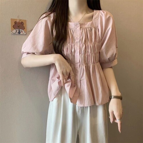 Korean style gentle style bubble sleeve wrinkled shirt for women 2025 new summer short slimming top, foreign style and meat cover