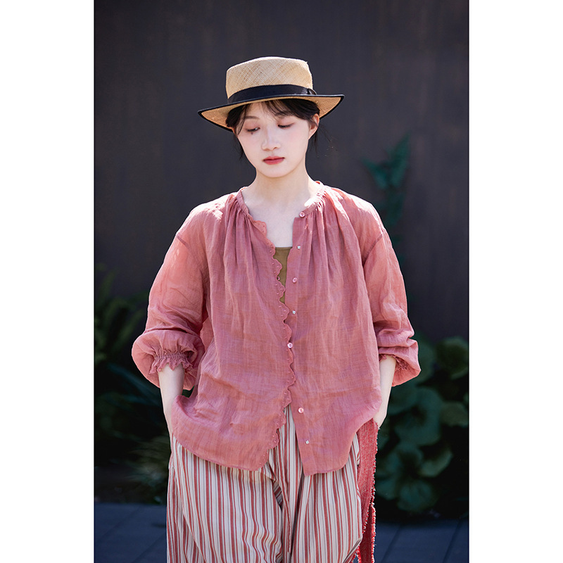 Autumn New Style Literary Retro Original Rose Pink Ramie Light and Breathable Cool Casual Stand-Up Collar Sun Protection Shirt for Women