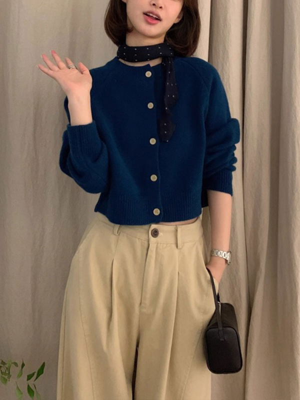 安可拉红秋冬毛衣外套女厚圆领短款针织开衫上衣韩版休闲百搭|undefined