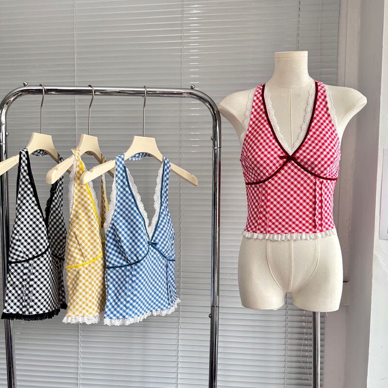 Lace Back Hanging Neck Camisole Women's Summer New Style Plaid Outer Wear Inner Base Spice Girl Breast Cover Top