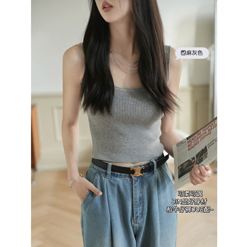 Sugar Vest All-match Square Collar Slim-fit Knitted Sling Women's Spring and Summer New Solid Color Inner Short Top Women's Thin