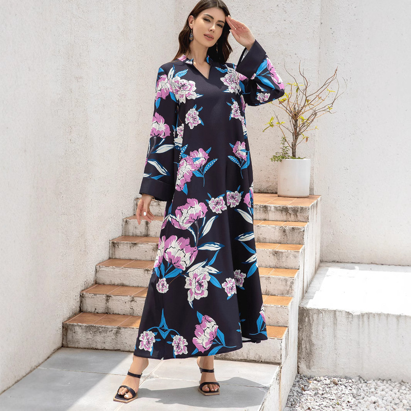 Abaya Cross-Border Middle Eastern Muslim Dress Hot Diamond Printed Stamen Print Robe Dress Robe Abaya Cross-Border Middle Eastern Muslim Dress Hot Diamond Printed Stamen Print Robe Dress Robe