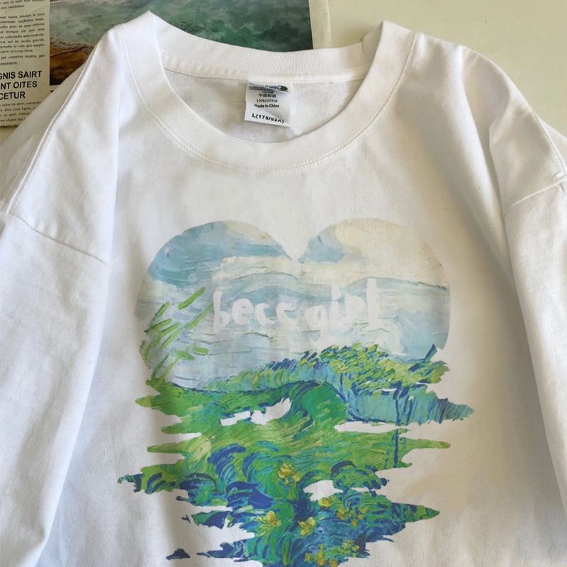 Hielo de seda manga corta blanco pintura al óleo verde campo árbol