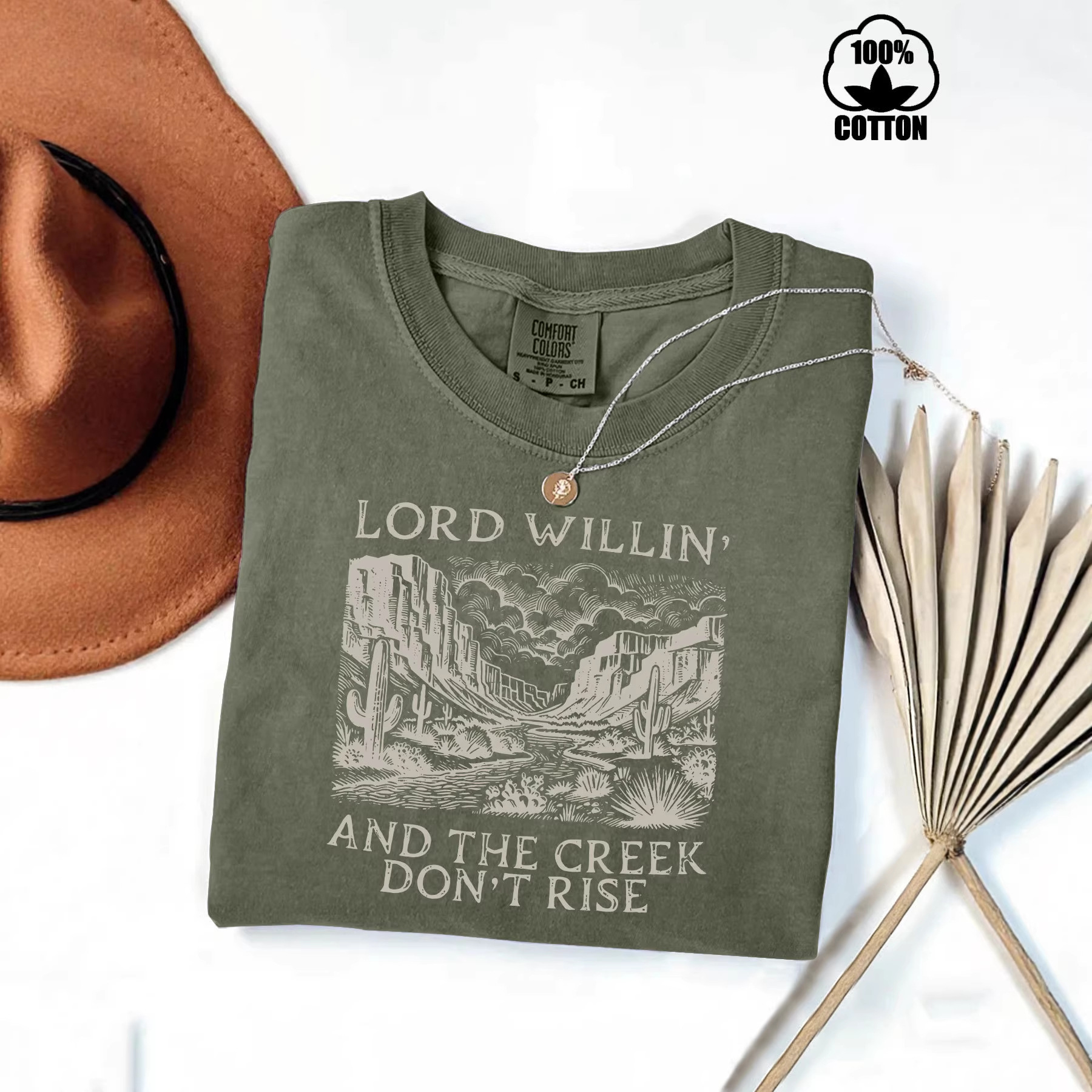 Women's Comfortable Top with "Desert Scenery" Pattern Print, Short-Sleeve Loose T-Shirt, Pure Cotton, Washed and Vintage-Style