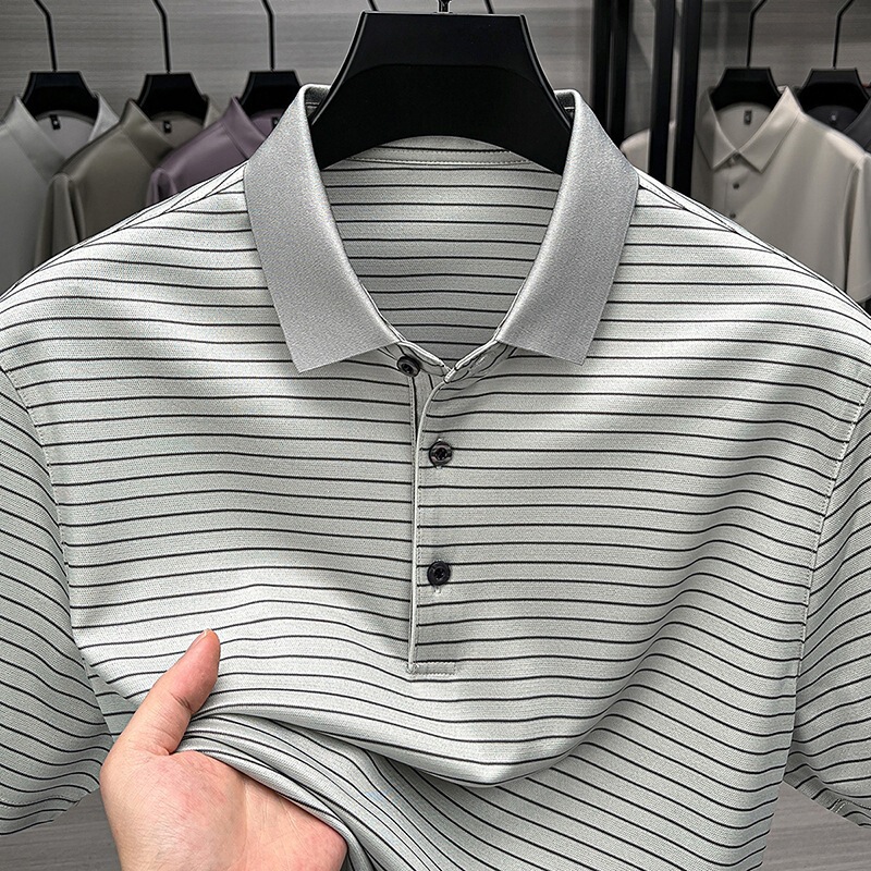 High-End Vertical Style Men's Mulberry Silk Short-Sleeved T-Shirt, New Summer Style for Middle-Aged Dads, Thin Polo Shirt with a Turn-Down Collar High-End Vertical Style Men's Mulberry Silk Short-Sleeved T-Shirt, New Summer Style for Middle-Aged Dads, Thin Polo Shirt with a Turn-Down Collar