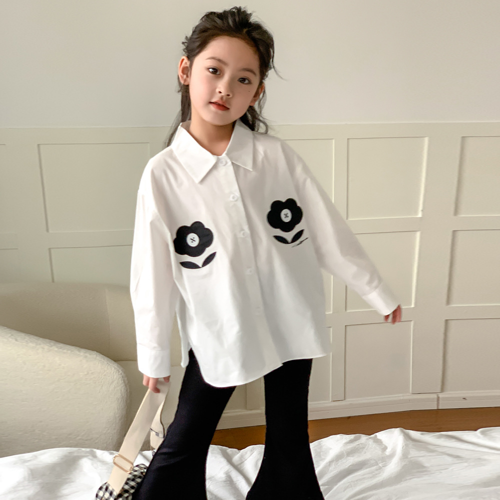 Camisa para niños 2024 primavera estilo coreano ropa para niños camisa de manga larga con bordado de flores para niñas camisa de media longitud para bebés para niños medianos y grandes