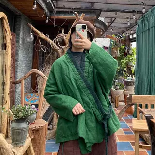 原创设计宽松版型文艺复古轻民族风小众腔调款棉衣爆款直供1814绿