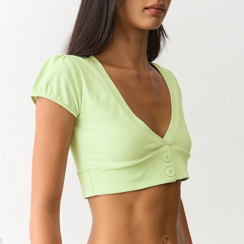 C26Tp186 European and American Fashion Summer Amazon New Solid Color V-Neck Buttoned Crop Top T-Shirt for Women