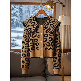 W 62508 Leopard sailor collar cardigan 豹纹海军领开衫