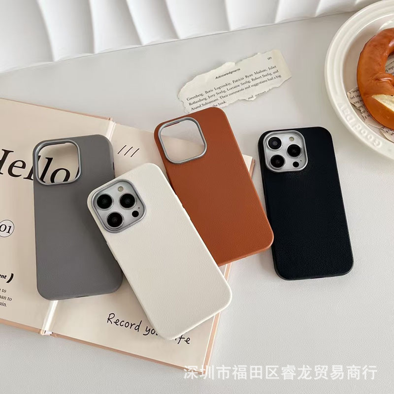 New Applicable Apple 16 Mobile Phone Case Explosion Plain Leather Case Solid Color Simple Leather Pattern 14 Business 13 Advanced 12 Skin Friendly