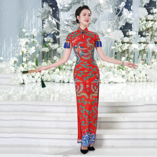 Red phoenix chinese dresses for women wedding party meeting dress oriental  qipao Cheongsam model show miss