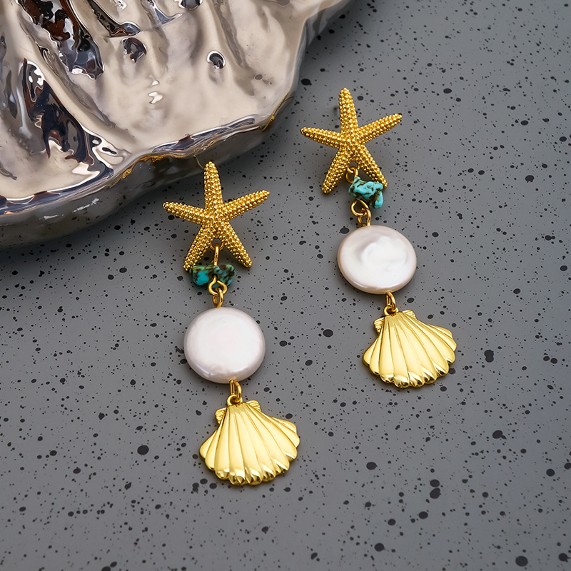 18K Gold Plated Plating Material Casual Retro Starfish Shell Freshwater Pearl Copper Plating 18k Gold Plated Women's Drop Earrings