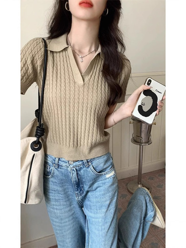 Right shoulder white polo short-sleeved T-shirt for women spring and summer new style lapel knitted bottoming slim short outer top