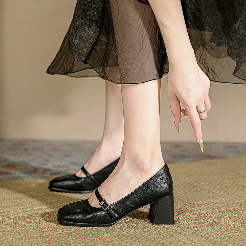 Thick Heel Mary Jane Shoes Women ~ New Retro Square Head Elegant Black Single Shoes 6cm French Elegant Shallow Mouth High Heels