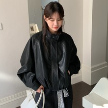 跨境 韩系立领蝙蝠袖百搭皮衣外套秋季小众复古百搭设计感皮夹克