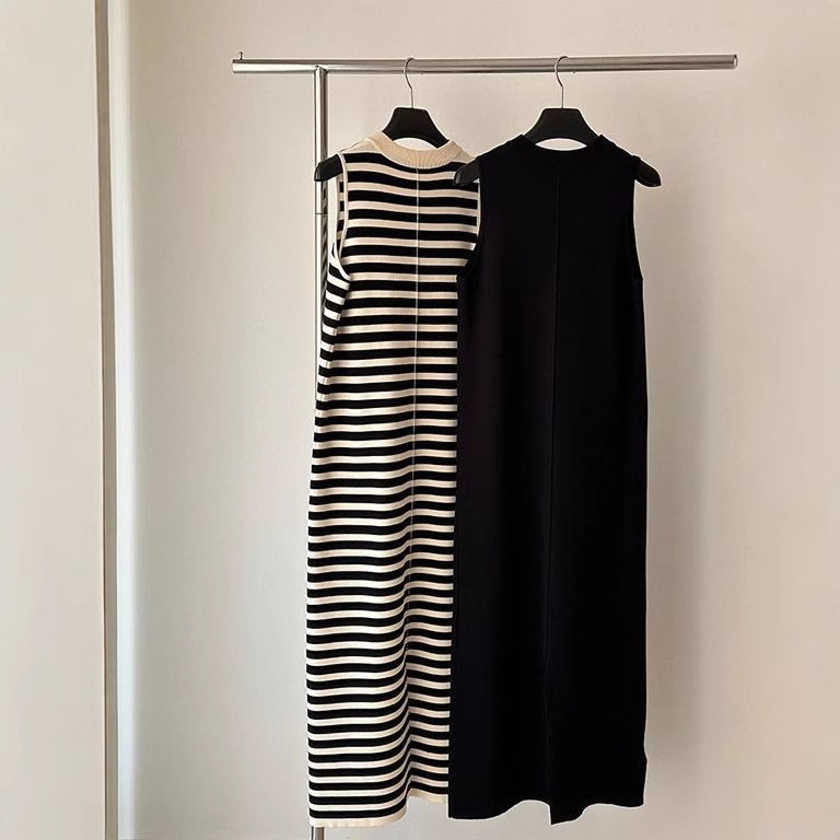 Contrast color striped knitted sleeveless vest dress women's summer loose slimming high waist Ice Silk straight skirt retro thin