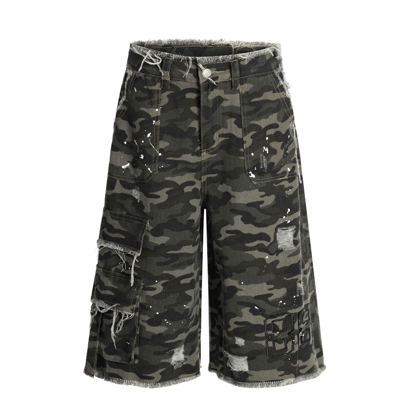 Dc+G6809 Splash-Ink Ripped Deconstructed Design Camouflage Shorts Retro Pants Summer Men's and Women's Straight Cropped Pants