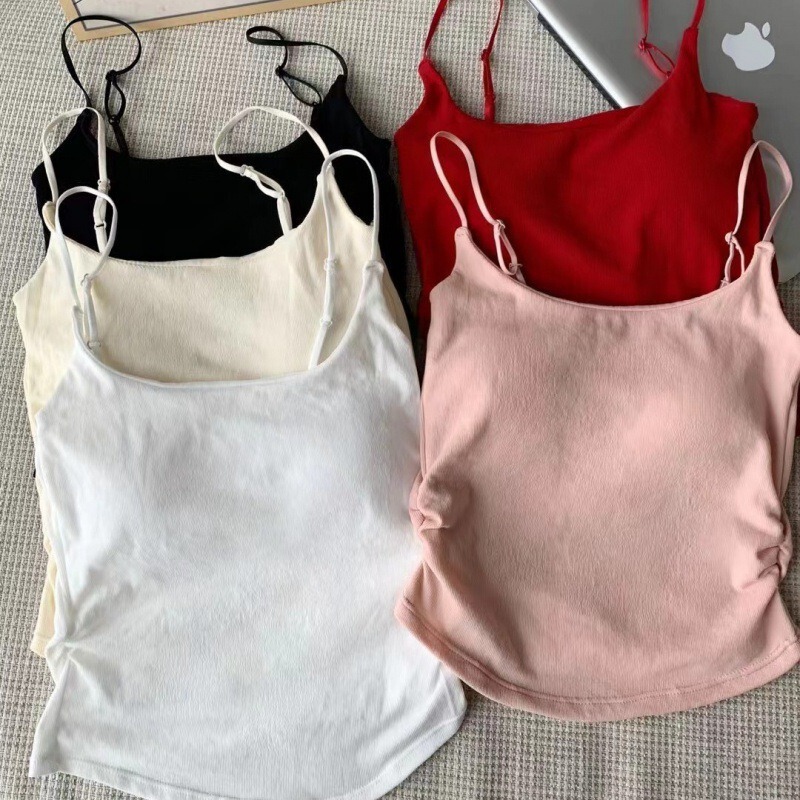 Summer Fresh Pleated Camisole for Women with Breast Pads, Slim Design, Outer Wear and Inner Bottoming Sweet Top for Women