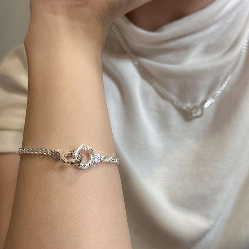 Lina Girl S925 Sterling Silver Japanese And Korean Style Cuban Double Ring Necklace Niche Design Fashion English Letter Heavy_voghion.com