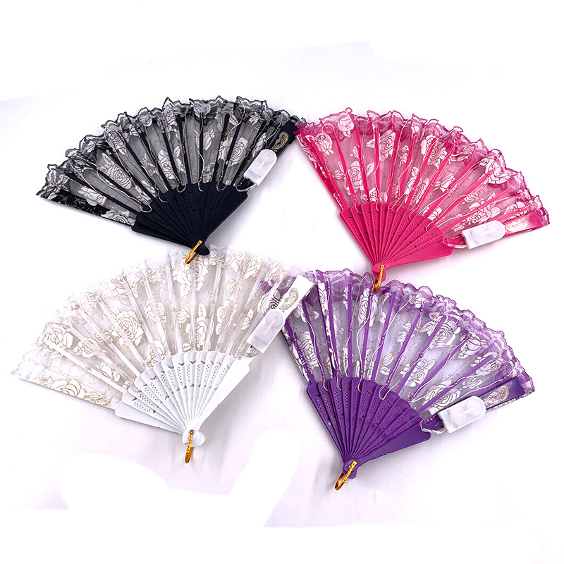 Nuevo abanico de encaje rosa con luces LED, regalo de boda, accesorio para el Festival Qixi, abanico plegable de estilo chino