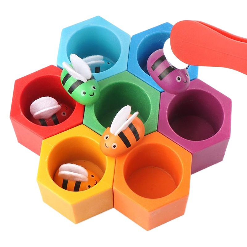 Al por mayor nuevo clip de madera abeja Montessori colmena juego acción de los niños mano-ojo coordinación concentración juguete