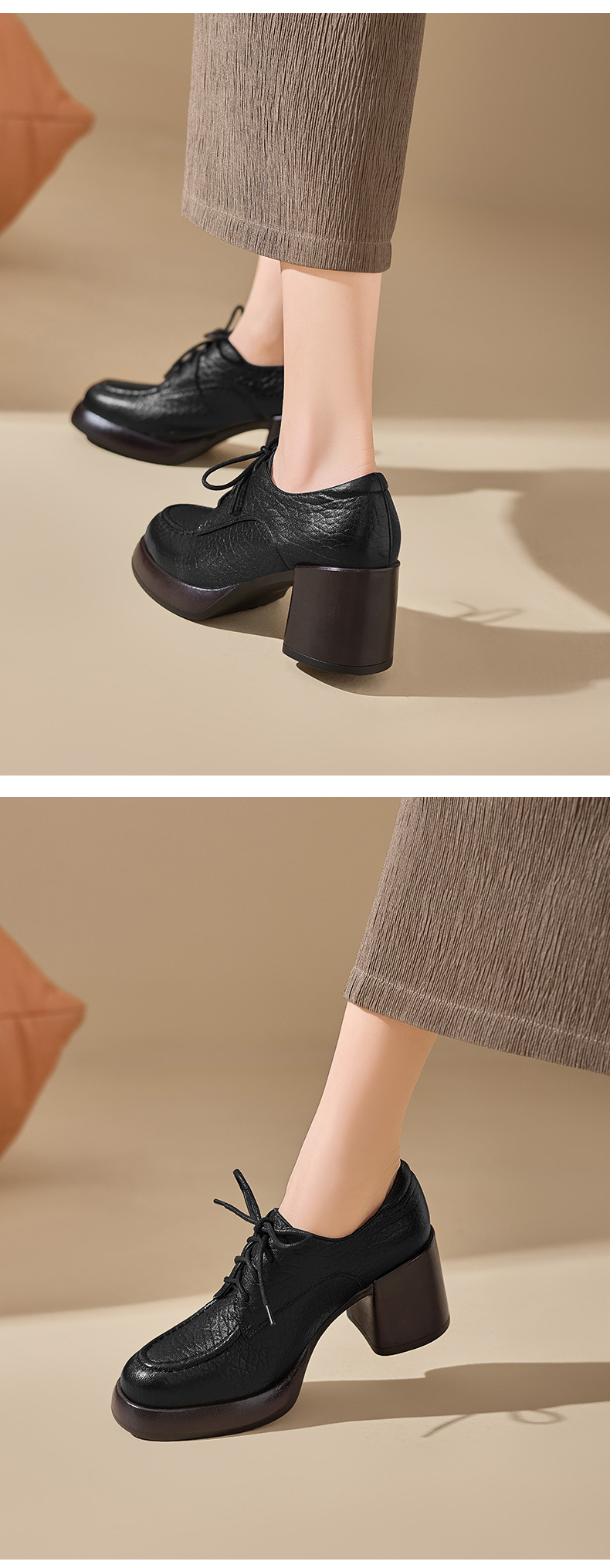 Giày cao gót nữ mũi tròn bít phong cách Anh quốc, gót 7.5 cm, dây buộc, da bò mềm — màu nâu chi tiết 6