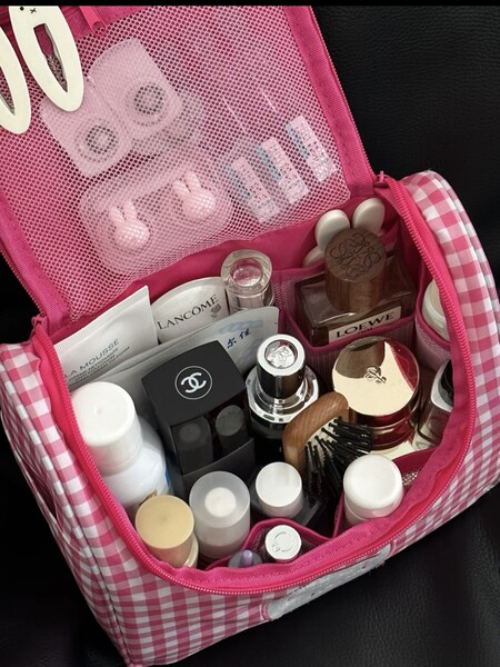 Capacious handheld cosmetic bag to go out