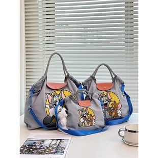 Embroidered Cat and Mouse Praise Portable Crossbody Canvas Bag Women's 2024 New Lightweight Large Capacity Handbag