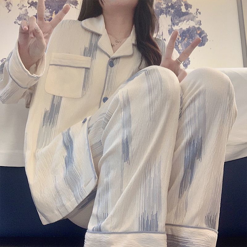 잠옷 여성의 봄과 가을 카디건 긴 소매 바지 달콤한 귀여운 2023 새로운 INS 스타일 기숙사 홈 세트