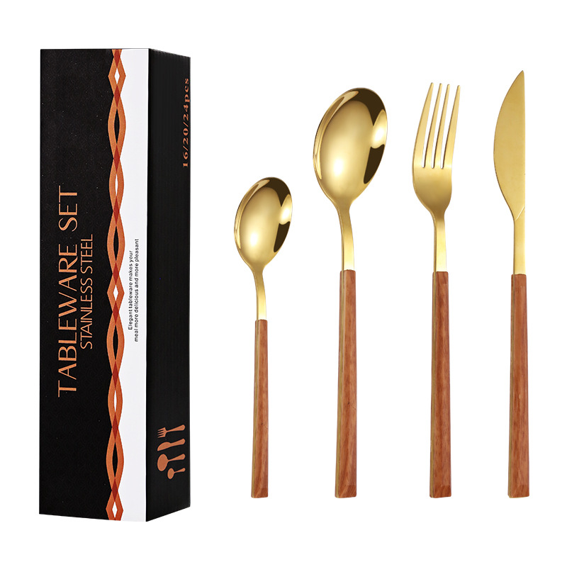 Mango de madera de acero inoxidable vajilla Juego de 16 piezas cuchillo y tenedor cuchara mango de madera de estilo coreano vajilla de acero inoxidable traje de lujo ligero caja de regalo