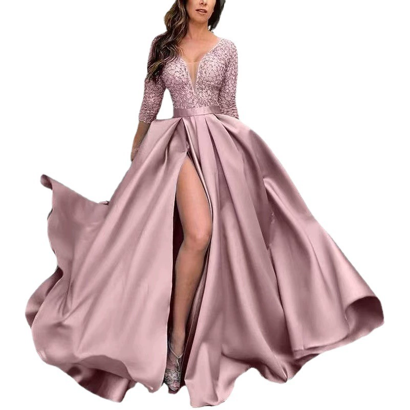 2025 европейская и американская трансграничная экспортная новая сексуальная кружевная длинная юбка с глубоким v-образным вырезом и блестками, банкетное вечернее платье с хвостом