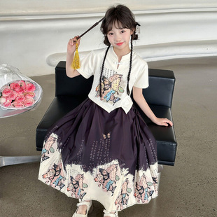 Girls' Short-sleeved suit 2025 Summer Antique New Children's Tang Suit Chinese Butterfly Horse Face Dress Hanfu Two-piece Set
