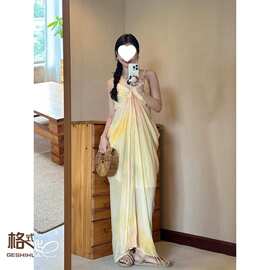 法式肌理感堆褶皱吊带裙艺术看展渐变色蓬蓬礼服海岛度假沙滩裙子
