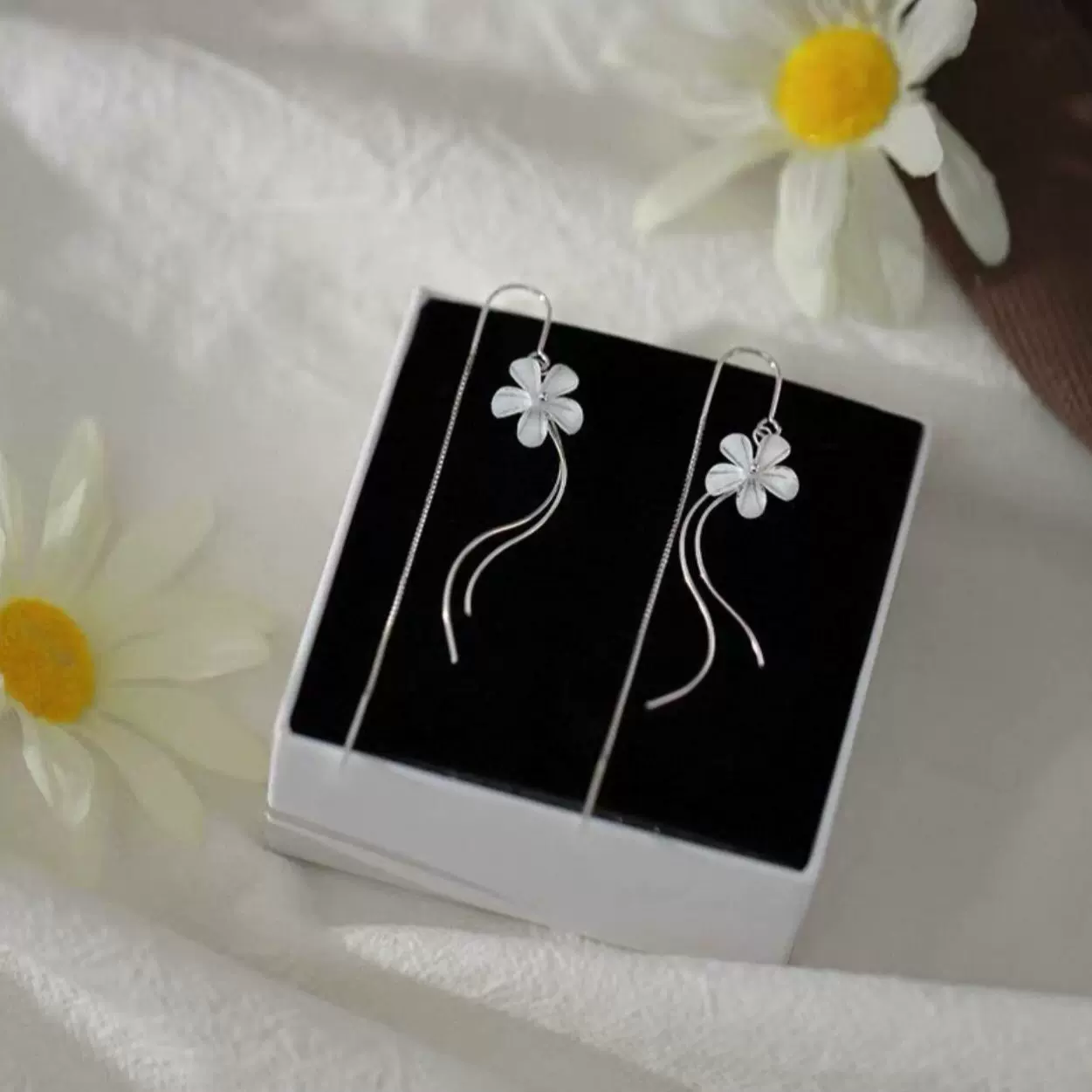 波浪花朵流苏耳线女银色防丢设计感网红百搭耳饰新款潮甜美