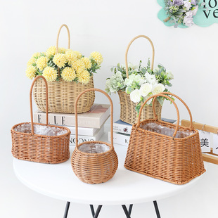 Imitation Rattan Handheld Flower Basket Picnic Fruit Basket Flower Shop Flower Basket Decorative Storage Basket Hand Gift Gift Flower Basket